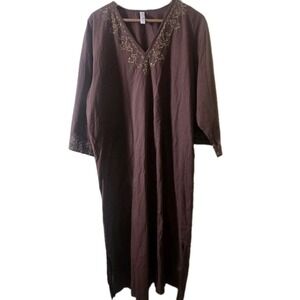 Cruz Natori Embroidered Caftan Dress Bohemian Maxi Long Sleeve Brown Large